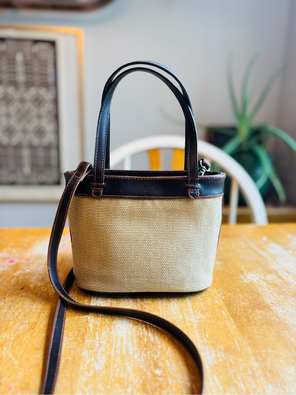 Liz Claiborne Beige Canvas Crossbody Bag with Brown Leather Trim
